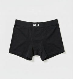 Black boxer briefs with 'BLU' branding on a light gray background