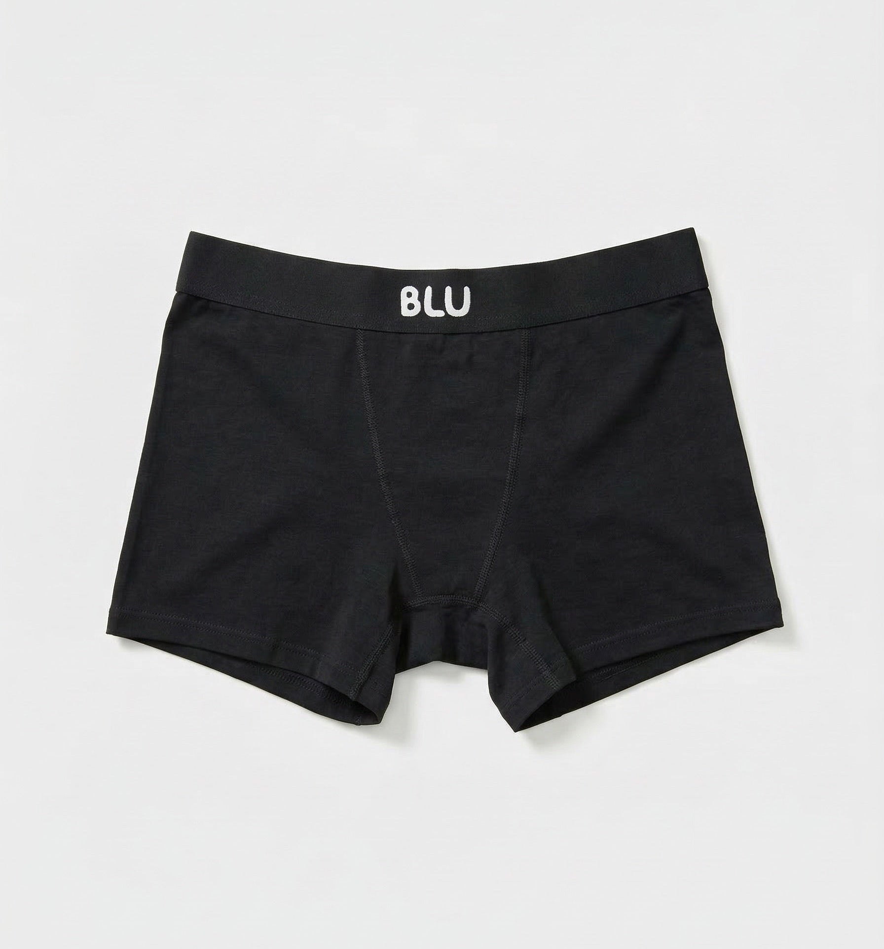 Black boxer briefs with 'BLU' branding on a light gray background