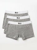 Three pairs of heather gray boxer briefs stacked together on a white background, each with a white waistband featuring the black text 'BLU'.