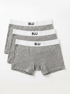 Three pairs of heather gray boxer briefs stacked together on a white background, each with a white waistband featuring the black text 'BLU'.