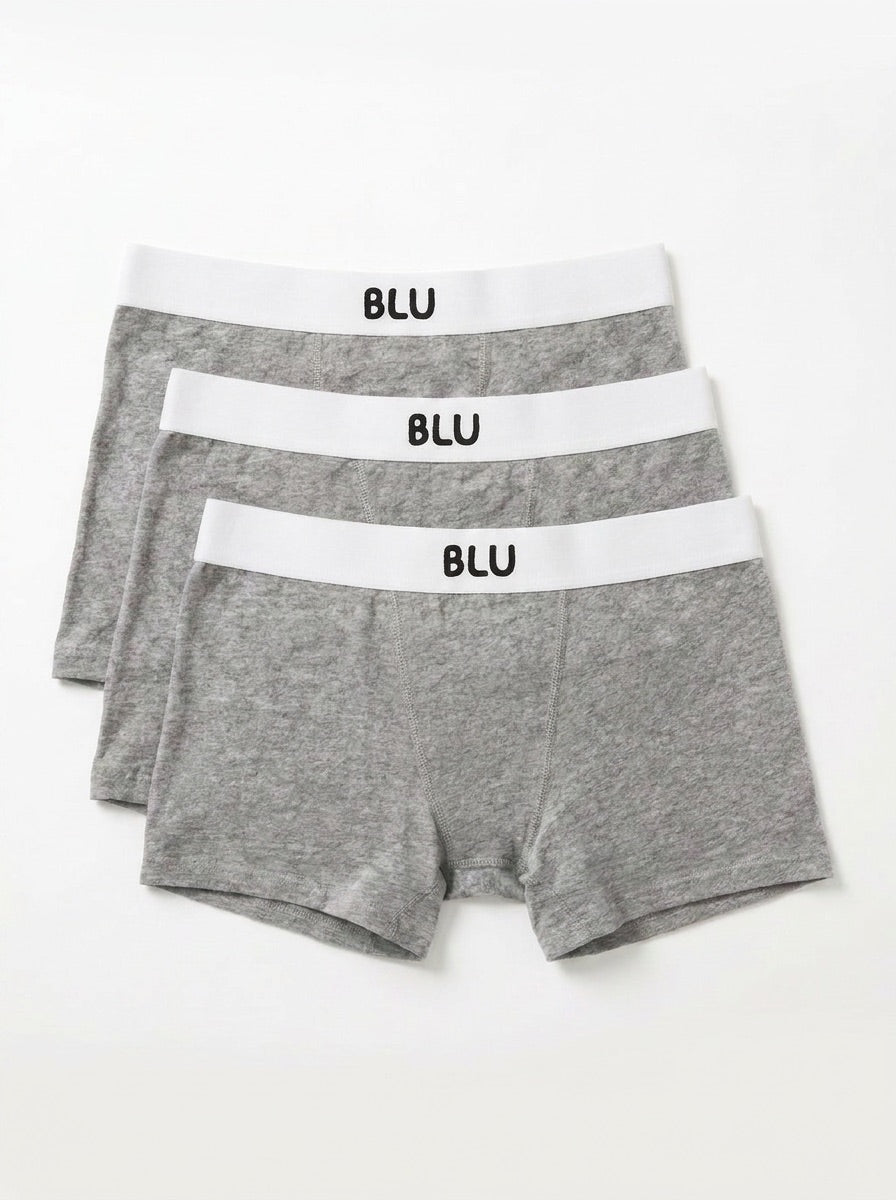 Three pairs of heather gray boxer briefs stacked together on a white background, each with a white waistband featuring the black text 'BLU'.