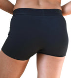 a picture of a women wearing blu short boxer briefs from back