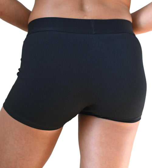 a picture of a women wearing blu short boxer briefs from back