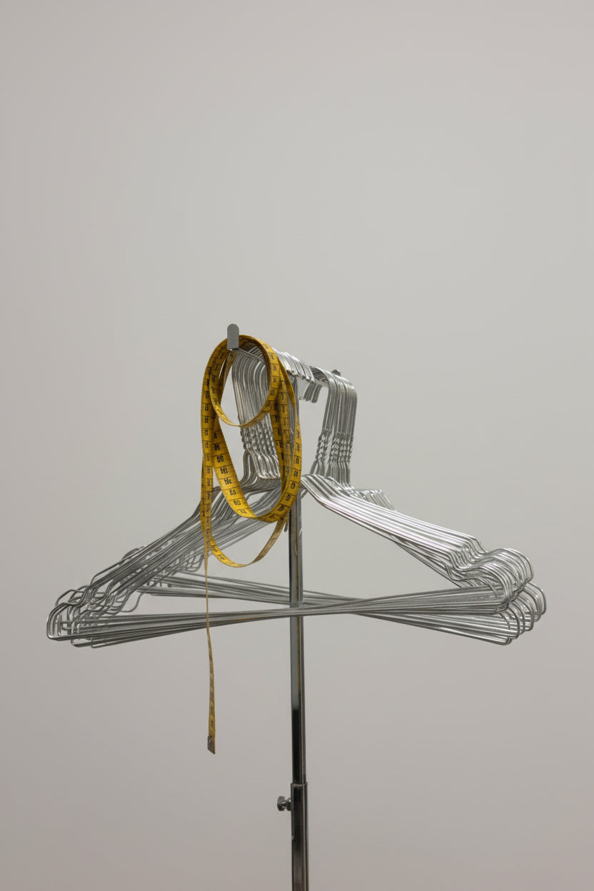 Clear plastic hangers stacked on a metal rod with a measuring tape draped over them, against a white wall.